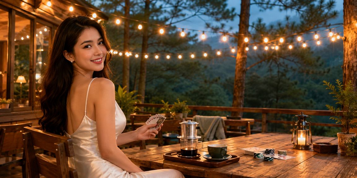 Nhóm bạn tại Đà Lạt chơi bài trực tuyến bên ly cà phê buổi tối